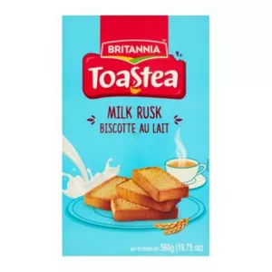 Enjoy the delightful crunch of Britannia Toastea Milk Rusk, a perfect tea-time companion. These crispy and baked rusk biscuits are infused with a rich milk flavor, making them ideal for dipping in tea or coffee.