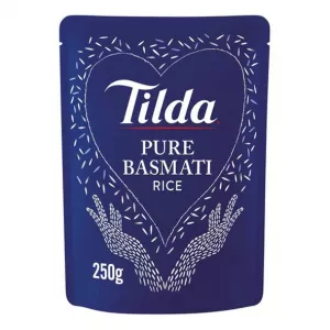 Tilda Pure Basmati Rice 250g. Aromatic long-grain rice for delicious meals. Available at halalo.co.uk and Halalo.
