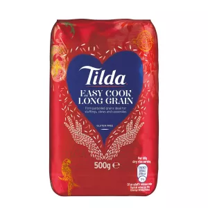 Tilda Easy Cook Long Grain Rice 500g. Quick and easy rice for busy weeknights. Perfect for a quick meal. Available at halalo.co.uk and Halalo.