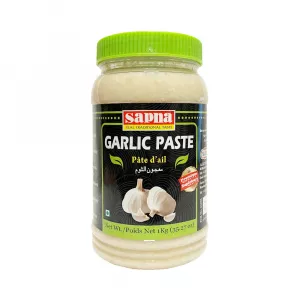 Sapna Garlic Paste 1kg. Bulk ready-to-use garlic paste for convenient cooking. Saves time and effort. Available at halalo.co.uk and Halalo.