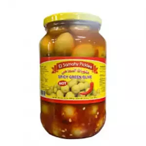 El Samahy Pickles Spicy Green Olives 1kg. Spicy and flavorful green olives. Available at halalo.co.uk and Halalo.