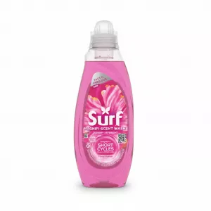 Bottle of Surf Magnifi-Scent Wash Laundry Detergent in pink liquid