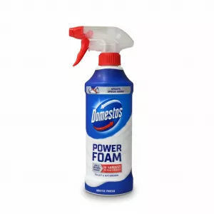 Blue and white Domestos Power Foam Arctic Fresh spray bottle with red trigger