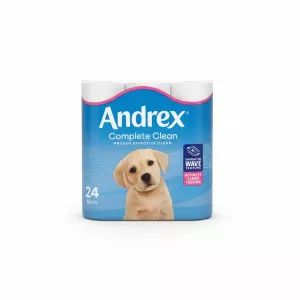 Andrex Complete Clean toilet roll pack with puppy on front