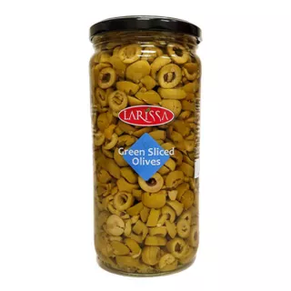 Larissa Sliced Green Olives 935g jar – pre-sliced halal Greek olives for pizza and salads