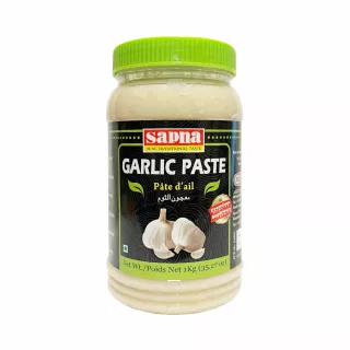 Sapna Garlic Paste 1kg. Bulk ready-to-use garlic paste for convenient cooking. Saves time and effort. Available at halalo.co.uk and Halalo.