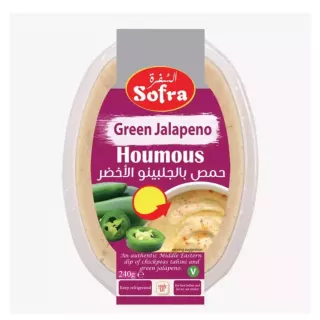 Enjoy Sofra Green Jalapeno Houmous, a flavorful and spicy houmous blend with a kick of jalapeno. Perfect for healthy, vegan, and gluten-free diets as a dip or spread for snacks and meals.