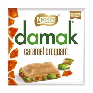 Nestle Damak White Chocolate with Pistachio & Caramel Croquant 60g - creamy white chocolate with crunchy pistachio-caramel bits. Available at halalo.co.uk and Halalo.