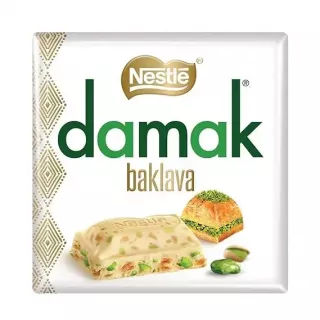 Nestle Damak White Chocolate with Pistachios and Baklava 60g - a luxurious blend of white chocolate, pistachios & baklava. Available at halalo.co.uk and Halalo.