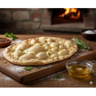 beautifully bubbly and golden-brown Taftoon (Iranian flatbread), with a soft, pillowy texture and slightly charred bubbles, presented centrally on a square white background.