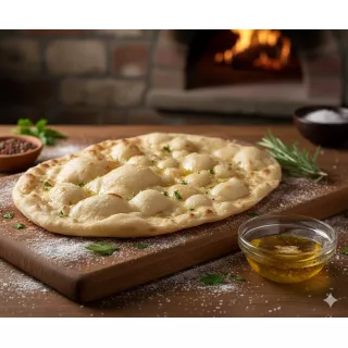beautifully bubbly and golden-brown Taftoon (Iranian flatbread), with a soft, pillowy texture and slightly charred bubbles, presented centrally on a square white background.