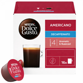 Nescafe Dolce Gusto Americano Decaffeinato Coffee Pods Box with a glass of black coffee