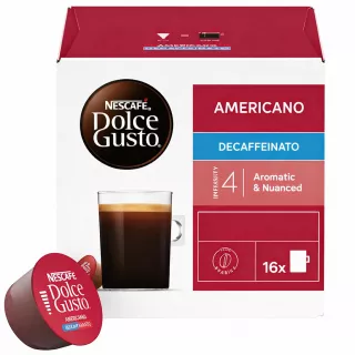 Nescafe Dolce Gusto Americano Decaffeinato Coffee Pods Box with a glass of black coffee