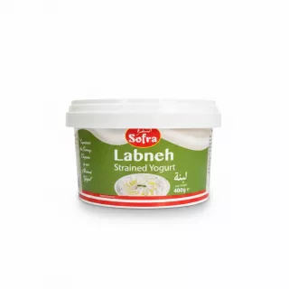 Sofra Labneh strained yogurt 400g container side view with labneh image