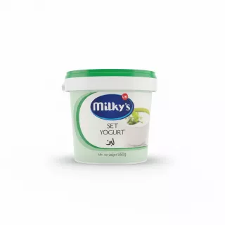 Milky's UK set yogurt tub with green lid front view