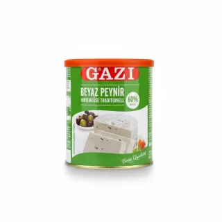 Gazi White Cheese 60% Fat in green and red tin with orange lid