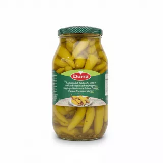 Jar of Durra Pickled Mexican Hot Peppers filled with yellow peppers in brine