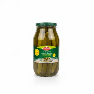 Jar of Durra pickled wild cucumbers with green label and dotted lid