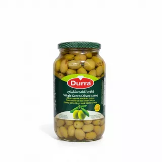 Jar of Halalo Durra Whole Green Olives displayed on wooden shelf
