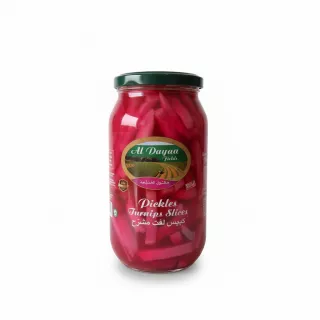 Jar of Al Dayaa Fields Turnip Slices Pickles with bright pink colour