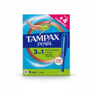 Tampax Pearl Super Tampons packaging front showing product benefits