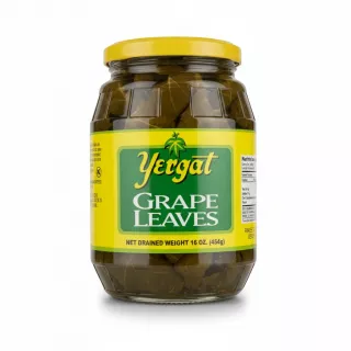 Glass jar of Yergat grape leaves with yellow lid and green label