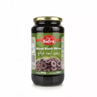 Jar of sliced black olives by Sofra showing front label