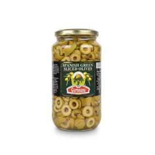 Jar of Garusana Spanish green sliced olives showing front label