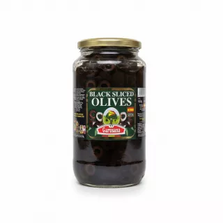Garusana brand jar of black sliced olives front label