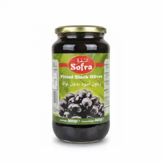 Jar of Sofra Pitted Black Olives with green label