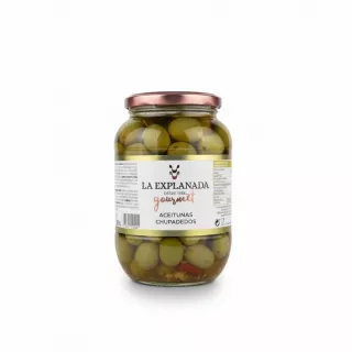 Jar of La Explanada Gourmet Cracked Green Olives front label