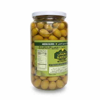 Close-up of Saifan green olives nutrition facts and logo