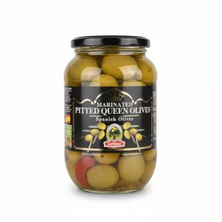 Jar of Garusana marinated pitted queen olives with visible olives and red pepper inside