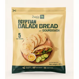 Oasis Egyptian Baladi Bread with sourdough 5 flatbreads frozen pack 400g front packaging
