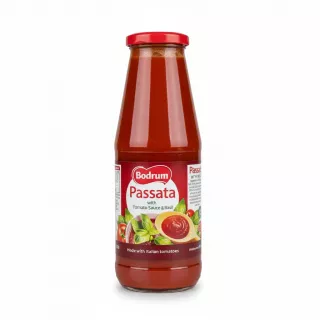 Bodrum tomato passata with basil in glass bottle front view