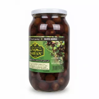Jar of Saifan black olives back label with ingredients