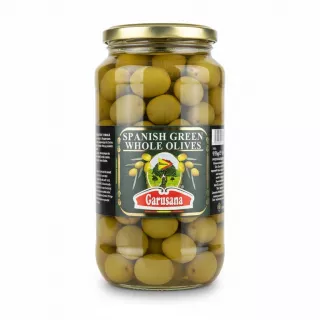 Jar of Garusana Spanish green whole olives front view