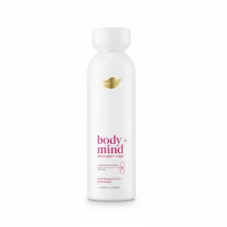 Dove Body+Mind Serum Body Wash bottle front with pink dragon fruit and primrose label