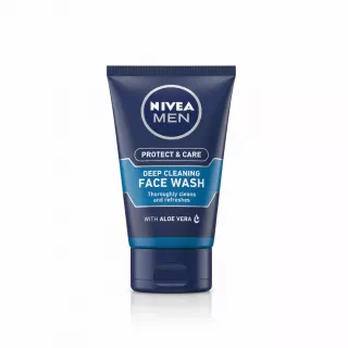 Tube of Nivea Men Deep Cleaning Face Wash with Aloe Vera held in hand