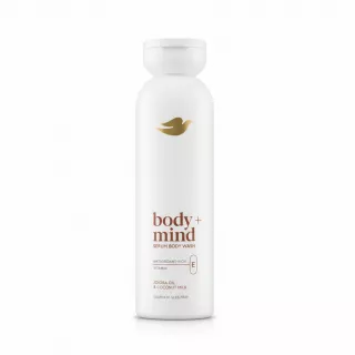 Bottle of Dove Body + Mind Jojoba & Coconut Serum Body Wash front label
