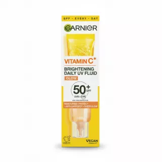 Garnier Vitamin C Brightening Daily UV Fluid SPF 50+ in yellow white packaging