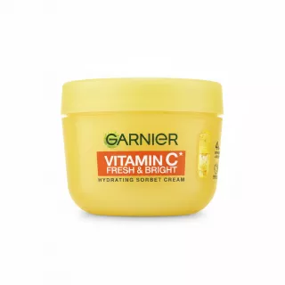 Yellow jar of Garnier Vitamin C Fresh & Bright Hydrating Sorbet Cream front view