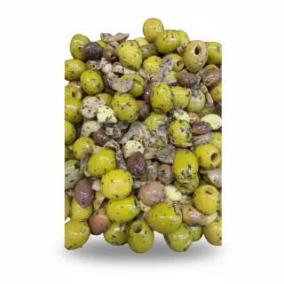 Mixed marinated green and black olives with sliced mushrooms and herbs