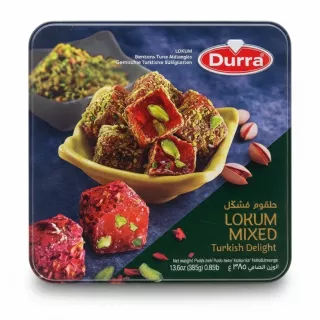 Tin of Durra Mixed Turkish Delight in yellow dish with pistachios