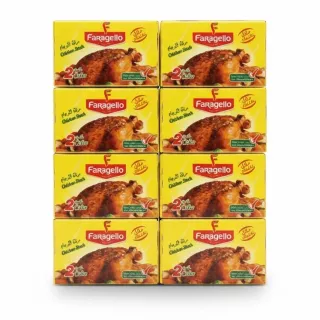 Pack of Faragello chicken stock cubes with bright yellow packaging showing roasted chicken image