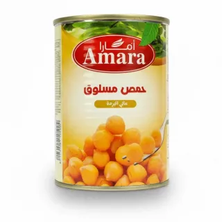Can of Amara boiled chickpeas showing front label