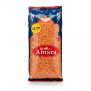 Front view of Amara red lentils package