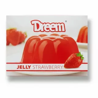 Dreem strawberry jelly box featuring a red jelly on a white plate with fresh strawberry illustration
