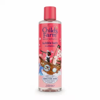 Childs Farm raspberry bubble bath bottle front label showing design and branding