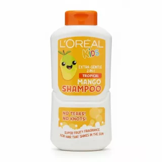 Bottle of L'Oréal Kids Tropical Mango Shampoo with orange cap and playful mango illustration